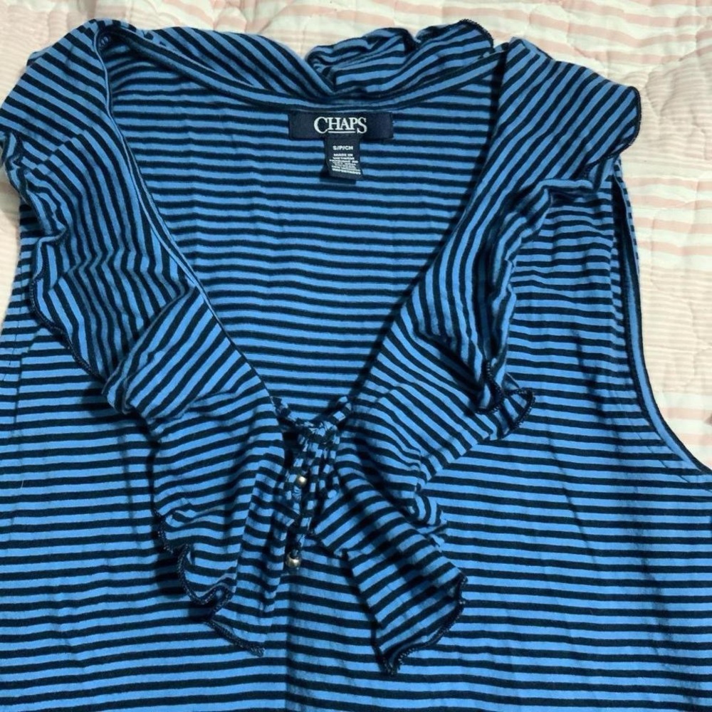 Chaps Navy Striped Ruffle Blouse - Picture 3 of 5